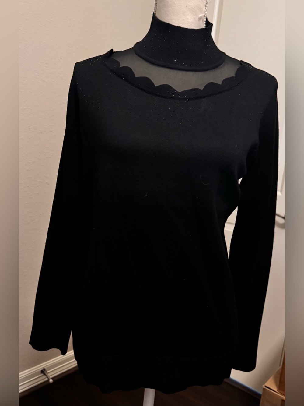Cable & Gauge Black Solid Mock Neck Sheer Knit Lace Accent Long Sleeve Blouse